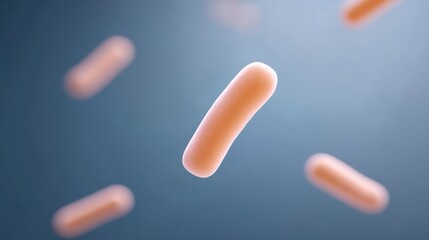 Poster - Abstract illustration of floating bacteria in a microscopic view, showcasing their unique shapes and textures against a soft blue background, representing the world of microorganisms
