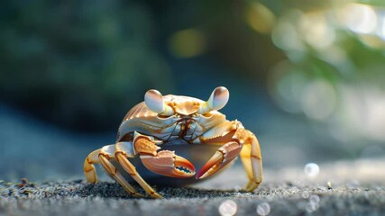 Aufkleber - Close-up footage of a colorful crab on a sandy beach during daylight with a blurred background of ocean waves and sunlight sparkling on the water