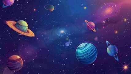 Wall Mural - Colorful illustration of planets in a cosmic landscape with vibrant stars and nebulae showcasing the beauty of outer space in high resolution