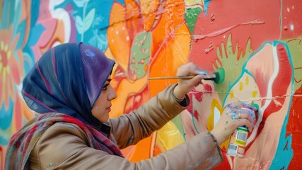 Poster - Creative street artist paints vibrant mural on urban wall during sunny afternoon, showcasing intricate designs and colors