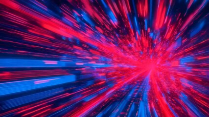 Poster - Dynamic neon light burst with vibrant red and blue streaks creating an energetic scifi tunnel effect