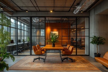 Aufkleber - Interior of empty office space with glass partitions, brown sofa, and round tables showing workspace furniture and potted plants, during daytime