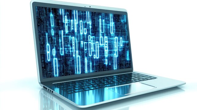 Modern laptop computer with glowing digital data display.