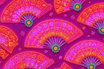 Poster - Vibrant paper fans arranged in a colorful pattern create an artistic display suitable for festive occasions