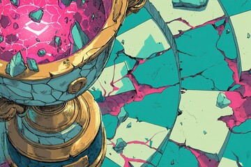 Poster - Unique cracked chalice rests on colorful broken tiles with vibrant energy glow at mystical location