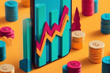 Poster - Colorful financial growth chart with smartphone surrounded by coins and vibrant objects representing investment and savings