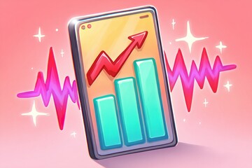 Poster - Trendy smartphone displaying upward trends in financial data with vibrant graphics