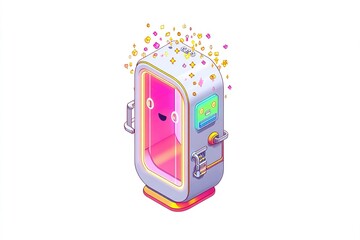 Poster - Whimsical digital refrigerator with a friendly face and sparkling effects against a white background