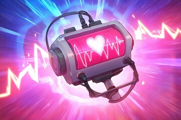 Poster - Heartbeat monitor device emitting vibrant colors representing life signals and energy