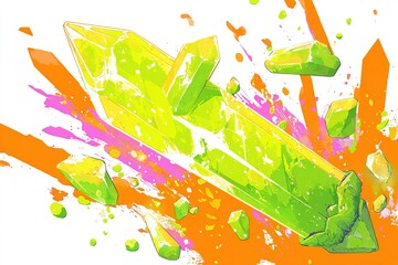 Fototapete - Bright green crystal shatters with colorful splashes and debris in a dynamic explosion of color