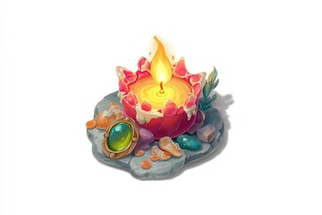 Poster - Colorful candle on a stone platform surrounded by gems and shells, perfect for a tranquil ambiance in a cozy setting