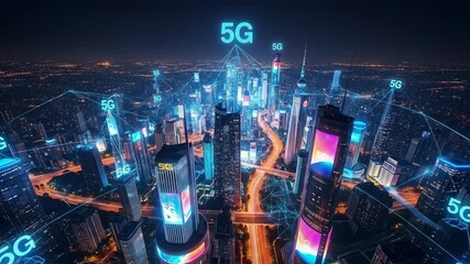 Poster -  Night cityscape with glowing 5G symbols on skyscrapers and autonomous vehicles on illuminated road. Technology and smart city concept.