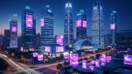 Poster -  Night cityscape with glowing 5G symbols on skyscrapers and autonomous vehicles on illuminated road. Technology and smart city concept.