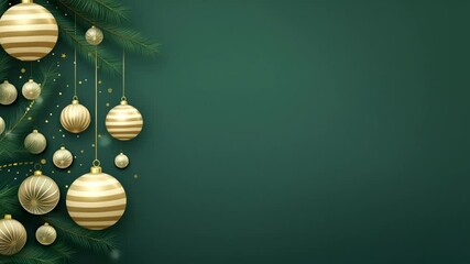 Wall Mural - Christmas and New Year holiday background. Emerald Glass Balls and gold star hanging Christmas tree branch on green background with copy space for text. The concept of Christmas and New Year holidays