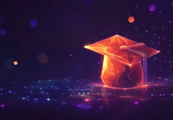 Fototapete - a stunning glowing graduation cap polygonal low poly illustration on a dark background for unique digital art and design -