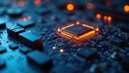 Poster - Close-up view of a blue circuit board. Electronic components, microchips, processor with orange lighting detail. Tech, data processing, computer hardware, digital, innovation, modern.