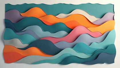 Poster - Vibrant abstract wave patterns in rich colours. Dynamic curves, smooth textures, teal, orange, purple, pink colours contrast on white background. Modern layered design graphic for background.
