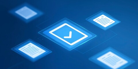 Fototapete - Digital interface with document icons and checkmarks representing approval workflow in a modern and efficient layout

