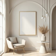 Aufkleber - Modern living room interior Art Deco style mock up poster frame on wall. Empty blank canvas template for art, photo, picture presentation. White cozy armchair, table, pampas grass in vase, designer