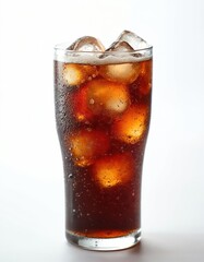 Poster - Cold refreshing soda drink with ice cubes in transparent glass. Fizzy beverage on white background. Close-up of a cold sweet soda. Refreshing drink for summer heat. Classic.