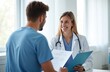 © Pete - Friendly female doctor consults young male patient in medical office during examination. Doctor explains test results, providing health care information, support in clinic. Consultation, appointment,