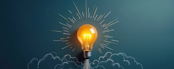 Aufkleber - Bright light bulb takes off like rocket. Idea launch concept symbolizes innovation success. Bulb launch suggests creative thinking, startup, education, business. Illustration on blue background.
