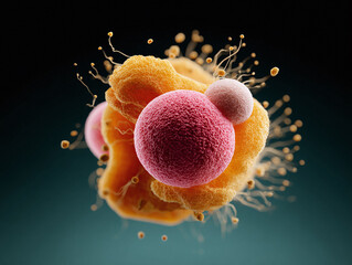 Poster - Abstract microscopic view of cells or viruses. Vivid colors and intricate details create a compelling visual for science, medicine, or technology concepts.