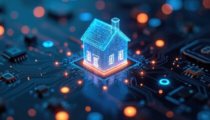 Poster - Glowing house icon on circuit board, representing smart home tech, automation. Image features futuristic design with digital connection, illustrating modern tech innovation. Focus on security system,