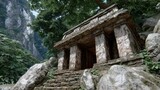 A weathered ancient structure stands resiliently against a backdrop of rocky cliffs and greenery, evoking a sense of history and timelessness.