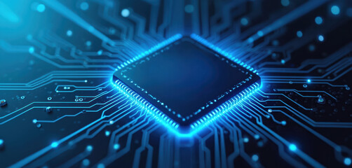 Poster - Illustration of a high-tech computer microchip, central processing unit. Futuristic blue circuit board, data flow lines, glowing neon light. Tech concept, digital innovation, IT industry, AI.