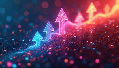 Poster - Neon arrows pointing upwards over digital code data, representing growth. Illustration depicts innovation, progress in tech, finance markets. Bright vibrant colors of future tech.