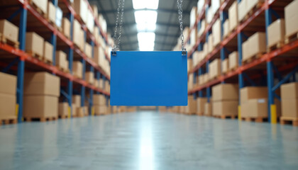 Poster - Warehouse interior with blue sign hanging on chains, storage boxes on shelves. Import tariffs trade impact concept, storage, logistics, shipping, freight, supply chain, warehouse. Business industry
