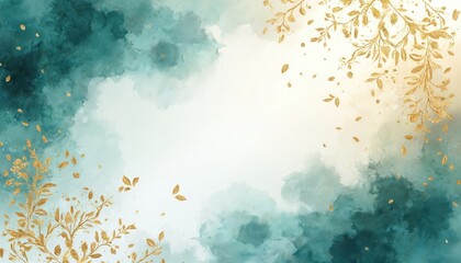 Aufkleber - Elegant abstract watercolor background, gold accents, teal elements. Dreamy, luxurious artwork, aesthetic modern design. Ideal for invitations wedding decor, posters, print, branding, social media,