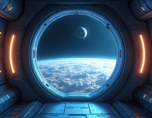Poster - Spaceship interior with Earth view from porthole. Blue planet, starfield outside. Futuristic technology concept, space exploration, travel. Rendered illustration, design background, sci-fi.