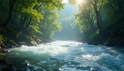 Wall Mural - Serene river flowing through rich green forest. Sunlight filters through tree tops, tranquil untouched beauty of nature. Peaceful scenery, eco-friendly, perfect for travel, tourism eco-related