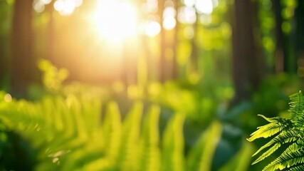 Green fern frond bathed in golden sunlight, with blurred background of trees and leaves in a lush forest environment, botanical close-up.