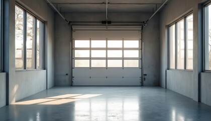 Aufkleber - Spacious modern garage interior with large windows. Natural light, sleek concrete flooring, ideal for various uses. Perfect as workshop space storage. Empty room waiting for project.
