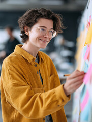 Poster - Smiling woman brainstorming ideas on a whiteboard with sticky notes. Ideal for illustrating teamwork, project management, and creative problemsolving.