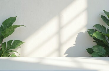 Poster - White tabletop with green leaves against stucco wall. Natural light and shadow create minimalist, modern interior. Ideal for product display, presentation with copy space.