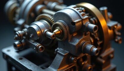 Poster - Illustration detailed mechanical engineering component. Gears, metal construction, precise design. Machinery, engine elements, tech, innovation, industrial manufacturing. Close-up on technical part.