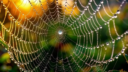 Delicate spiderweb adorned with dewdrops glistening against a vibrant green and yellow natural backdrop, creating intricate patterns.