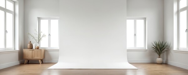 Poster - Minimalist photo studio interior with white backdrop for product photos, video shoots. White walls, windows let light through. Wood floor, decor elements like vases with branches, plant. Clean modern