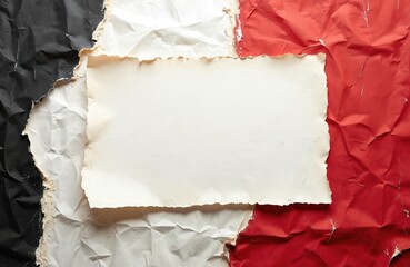 Aufkleber - Torn grunge posters backdrop. Crumpled paper surface collage, with blank paper center. Black, white, red color palette. Vintage, retro design concept. Announcement, advertising design element,