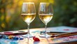 © Pete - Two glasses white wine on colorful art table with painting supplies. Paint and sip concept, art therapy for relaxation. Creative self-care hobby with brush palette.