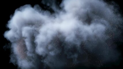 Poster - Eruption of white smoke with fine golden particles. Cloud of dust and glittering sparks on black background. Abstract visual effect.