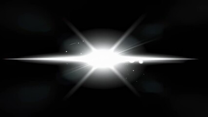 Poster - Bright white optical lens flare with light horizon effect over black background. Abstract star burst with glare light ray.