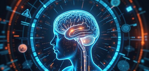 Aufkleber - Futuristic digital illustration of human brain with technology UI elements. Medical hud interface with hologram digital data chart DNA fingerprint. Hi-tech design, innovation. Concept of brain