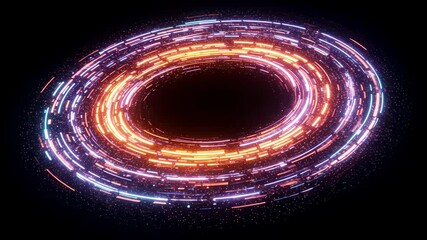 Poster - Abstract digital torus with glowing lines and particles rotating. Data flow and big data visualization concept. Tech background footage.