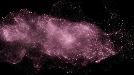 Poster - Pink glittering particles exploding and forming a beautiful cloud on a black background. Abstract cosmic dust motion for science, celebration footage.