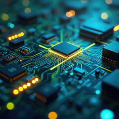 Poster - Futuristic digital circuit board with glowing neon elements in blue green yellow colors. Abstract geometric design illustrates modern tech, innovation, cybernetic systems. Electronic computing
